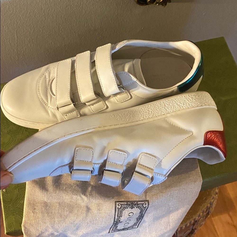 💚🤍❤️Gucci Ace Interlocking GG Leather 3 Strap  Flat Sneakers Shoes White size:10 - Picture 13 of 16